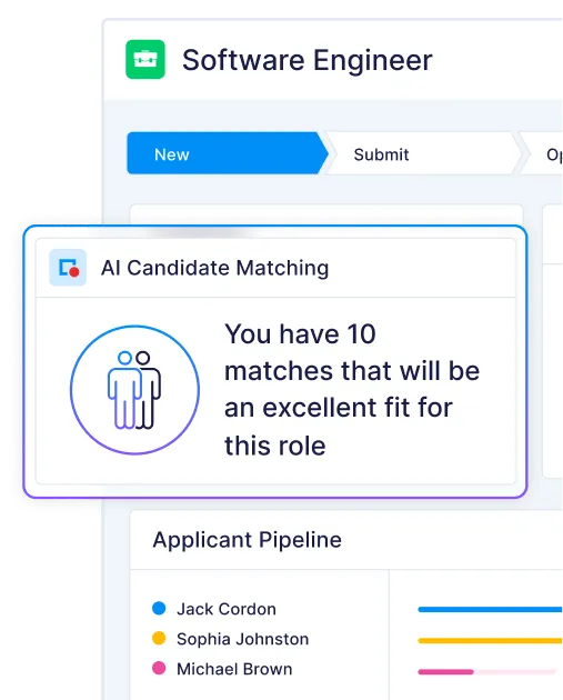 Software Engineer hiring dashboard showing Intelligent Triage with 100 matches scoring above 90%, and an Applicant Pipeline listing Jack Cordon, Sophia Johnston, and Michael Brown with corresponding colored dots.