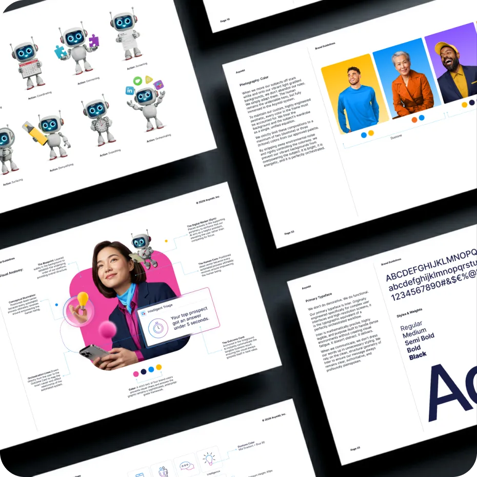 Pages from a brand guidelines and media kit showing robot mascot illustrations, brand color palette with diverse person photos, a technology-themed visual with a woman, and typography styles.