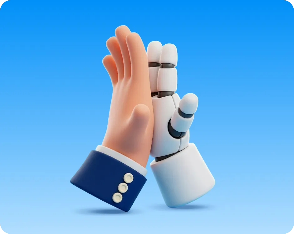 3D illustration of a human hand in a blue suit sleeve high-fiving a white robotic hand against a blue background.