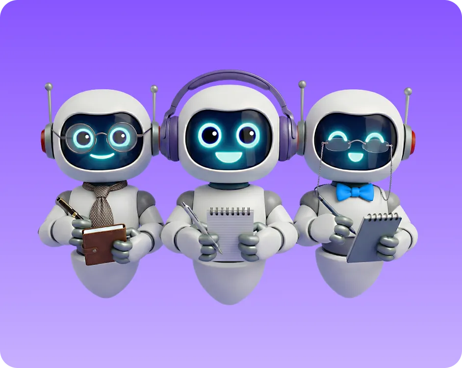 Three cheerful robots with antennae holding notepads and pens, each dressed with glasses, a tie, headphones, or a bow tie on a purple background.