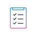 Clipboard with a checklist of three items, two checked and one unchecked, with a gradient blue and pink outline.