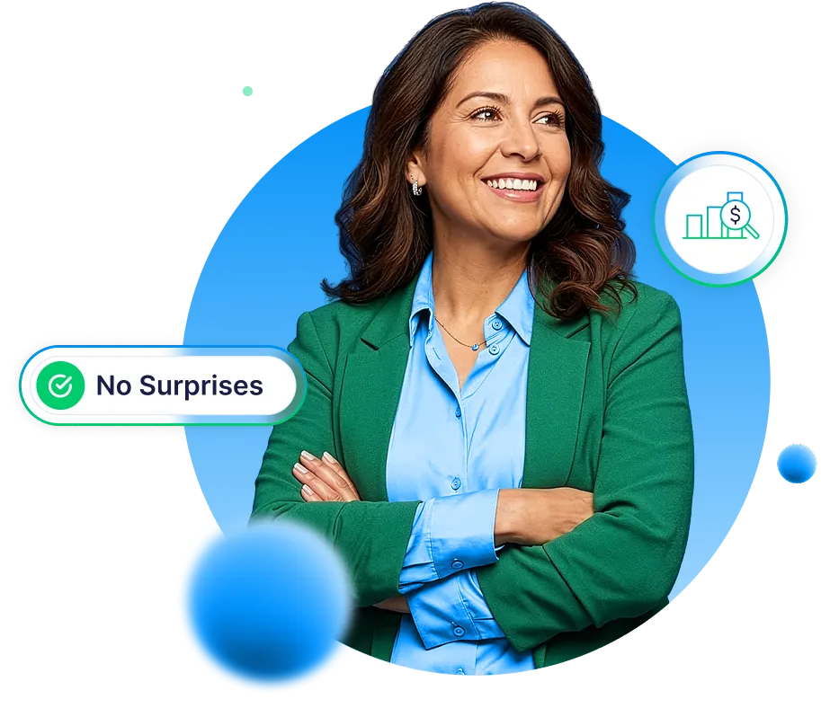 Smiling woman in green blazer and blue shirt with arms crossed and text label 'No Surprises' with financial growth icon.