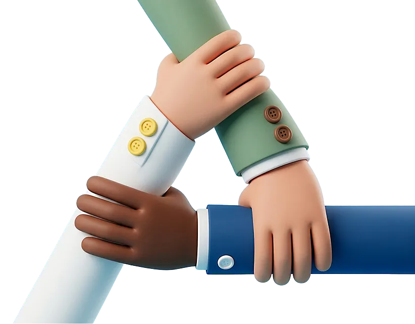 Three cartoon hands of different skin tones grasp each other's wrists in a triangle, symbolizing unity and teamwork.