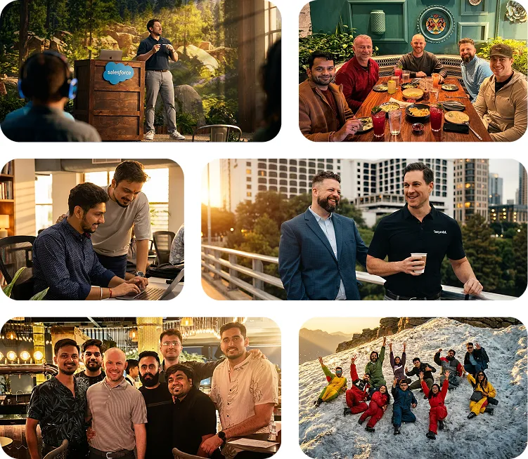 Collage of diverse group of people in various settings including a man giving a presentation by a Salesforce podium, coworkers collaborating at a desk, a group dining together, colleagues chatting outdoors in a city, a team posing in a restaurant, and a group in colorful gear on a snowy mountain.