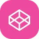 White geometric cube outline icon on a pink circular background.