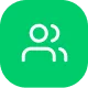 White user group icon with three people on a green circular background.