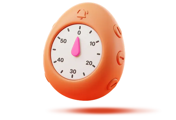 Orange egg-shaped kitchen timer with a pink hand pointing to zero and three side buttons.