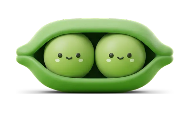 Two cute green peas with smiling faces inside a partially opened pea pod.