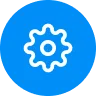 White gear icon representing settings on a blue circular background.