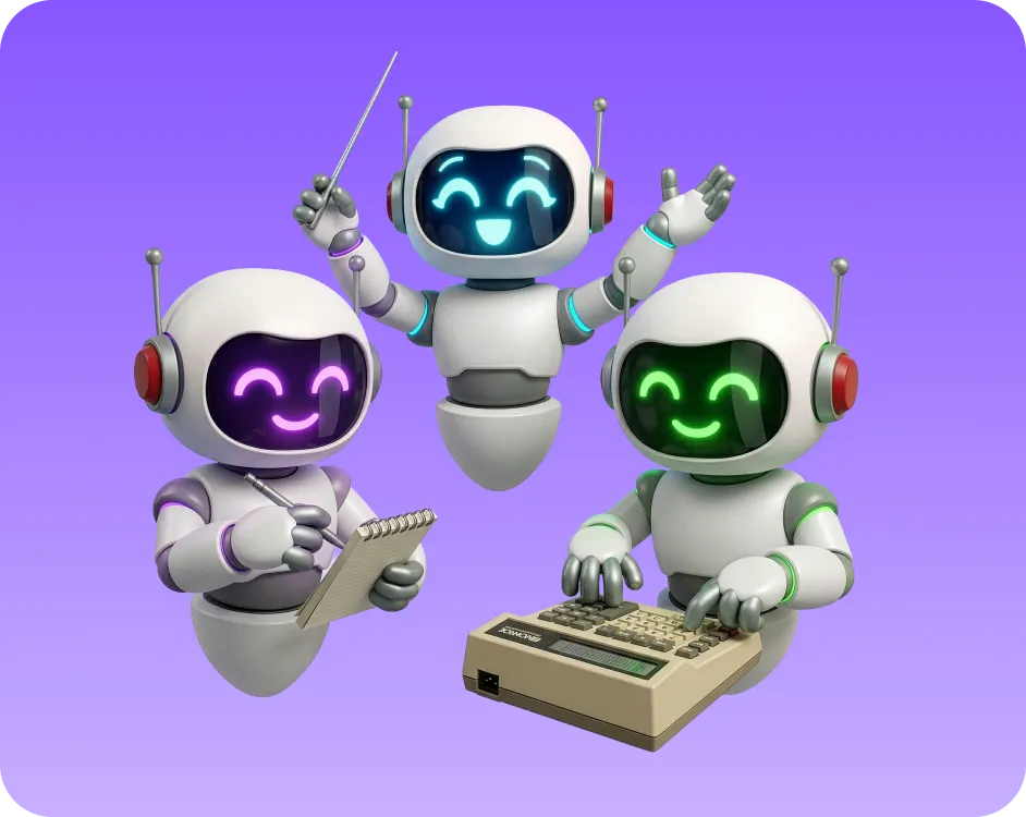 Three cheerful white robots with colorful digital faces, one holding a conductor's baton, one writing on a notepad, and one typing on a vintage keyboard against a purple background.
