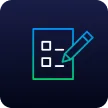 Icon of a checklist with two checkboxes and a pencil writing on it, outlined in gradient blue and green on a dark background.