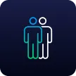 Icon of two outlined human figures standing side by side, with gradient blue and green lines on dark background.