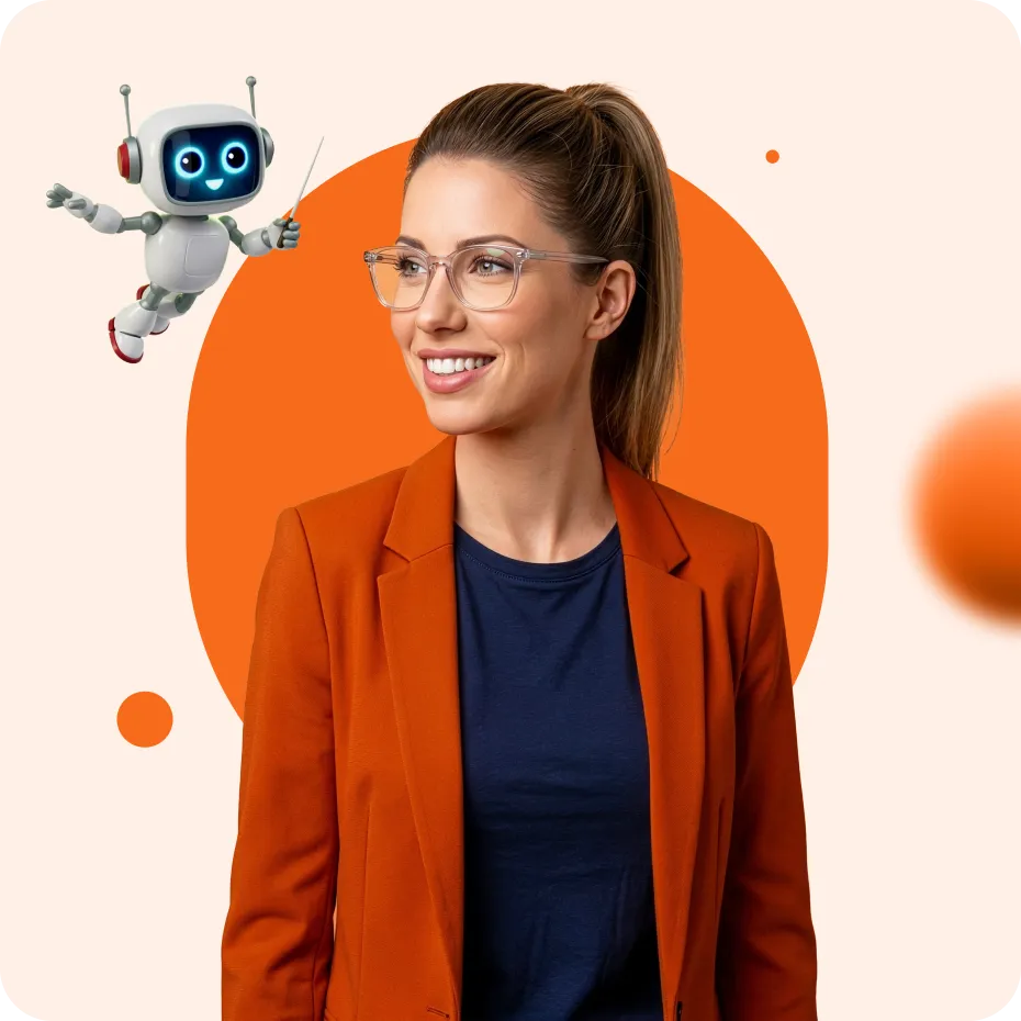 Smiling woman in glasses and orange blazer looking at a small friendly robot holding a pointer on a beige and orange background.