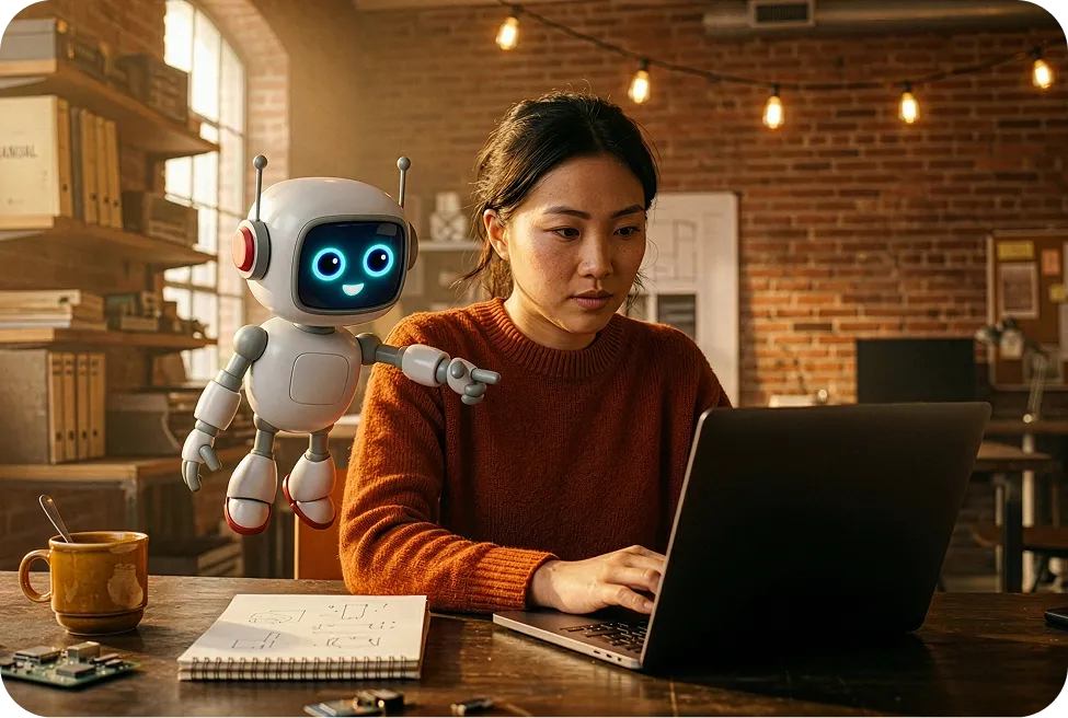 Woman in an orange sweater working on a laptop at a wooden table, with a small friendly robot pointing at the screen.