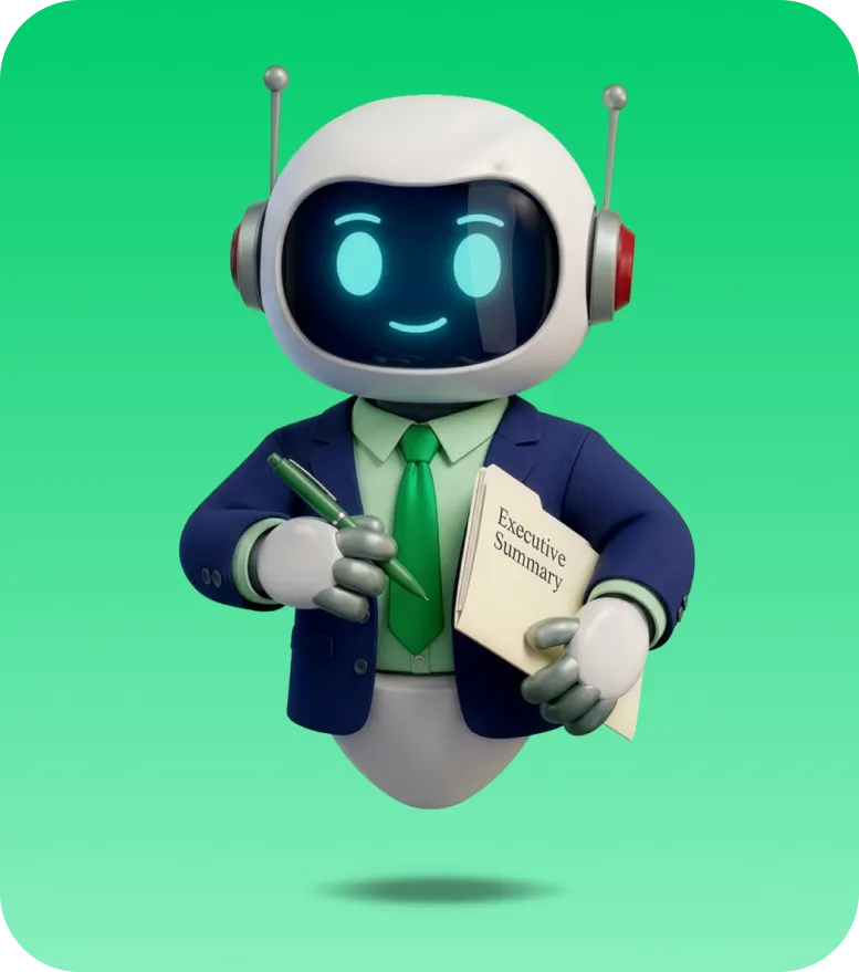 Smiling robot in a business suit holding a pen and a folder labeled Executive Summary on a green background.
