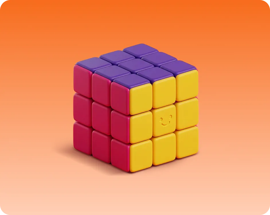 3x3 cube puzzle with purple, red, and yellow faces, featuring a smiling face on the center yellow square.