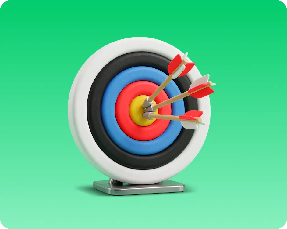 Archery target with three arrows closely grouped in the yellow bullseye center on a green background.