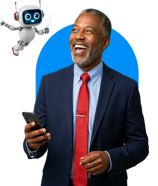 Smiling man in a suit holding a smartphone with a small cartoon robot floating beside him.