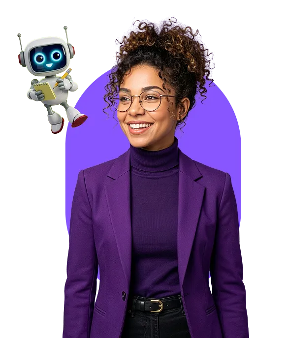 Smiling woman with curly hair wearing glasses and a purple blazer stands next to a cheerful cartoon robot holding a clipboard.