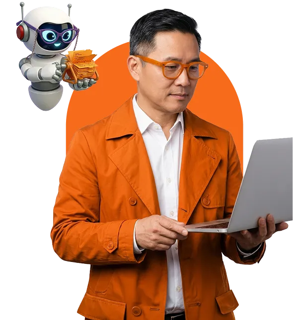 Man in an orange jacket and glasses using a laptop next to a floating robot holding orange files.