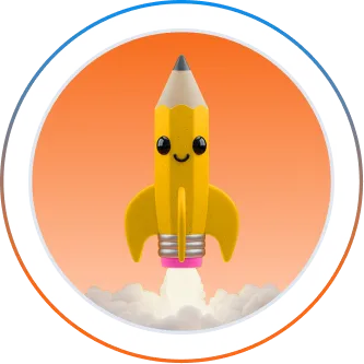 Cartoon yellow pencil with eyes and smile launching like a rocket against an orange background.