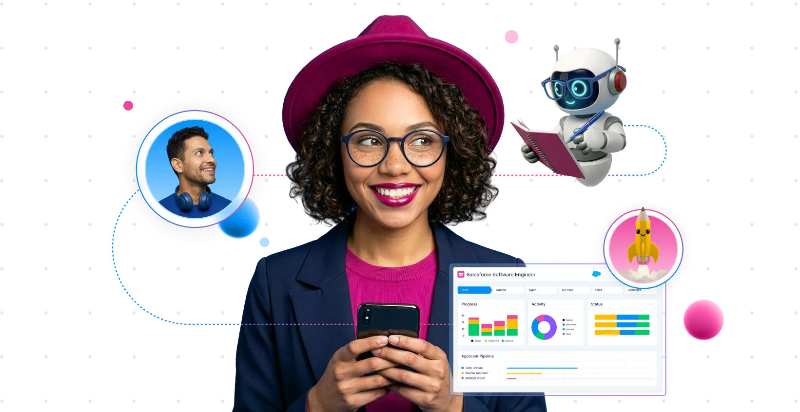 Smiling woman in glasses and a magenta hat holding a phone, surrounded by circular profile images, a robot with glasses writing in a notebook, and a digital dashboard showing job application progress and activity charts.