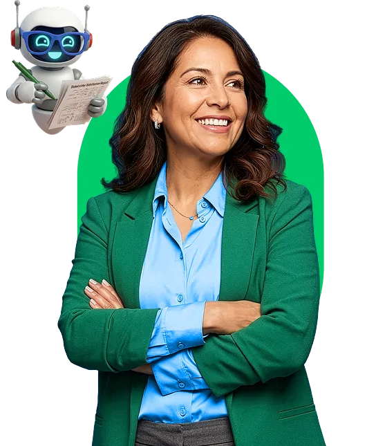 Smiling woman in a green blazer and blue shirt standing with arms crossed, next to a cartoon robot holding a pen and checklist.