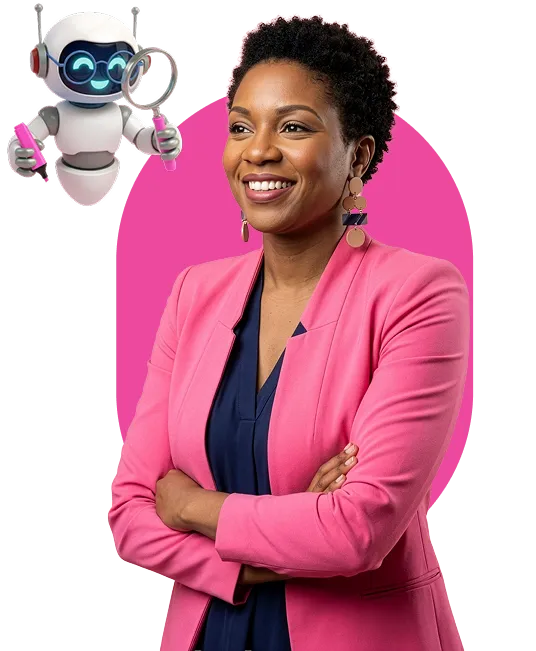 Confident woman in a pink blazer smiling with folded arms next to a small white robot holding a magnifying glass.