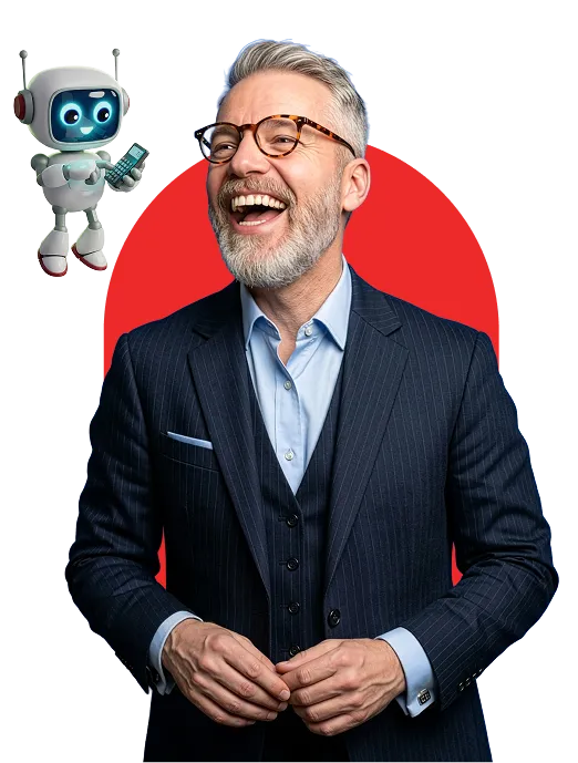 Smiling middle-aged man in glasses and dark pinstripe suit with a cheerful robot holding a smartphone beside him against a red semi-circle background.