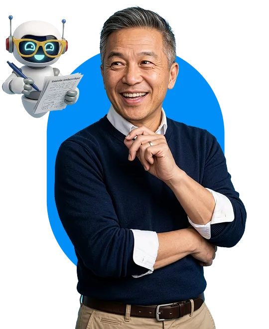 Smiling man with crossed arms next to a robot character holding a clipboard and pen with a blue oval background.