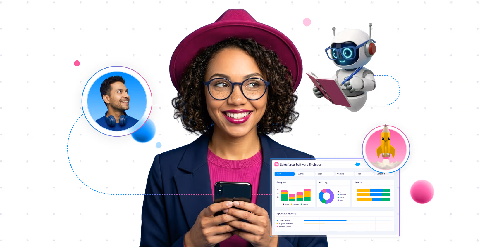 Smiling woman in a purple hat and glasses holding a smartphone, surrounded by icons of a man's profile, a robot writing in a notebook, a rocket pencil, and a Salesforce job application dashboard.
