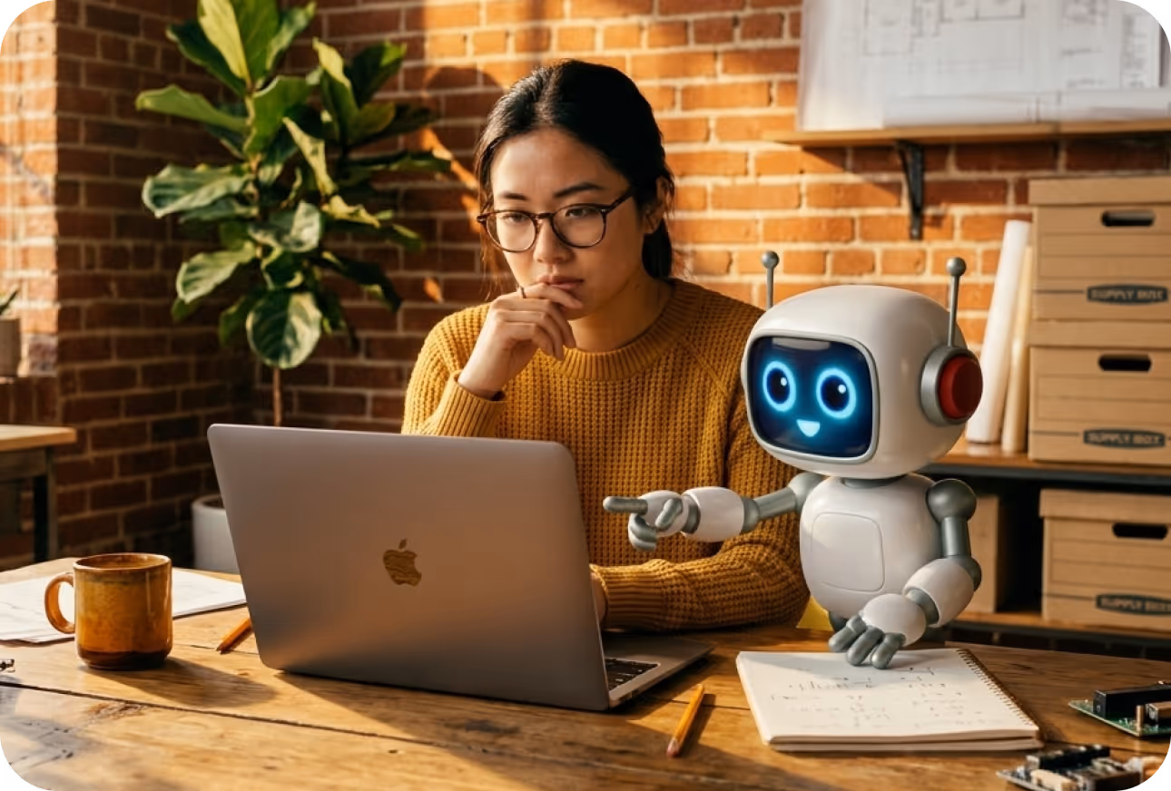 Young woman with glasses working on a laptop at a wooden desk, accompanied by a cheerful robot pointing at the laptop screen.