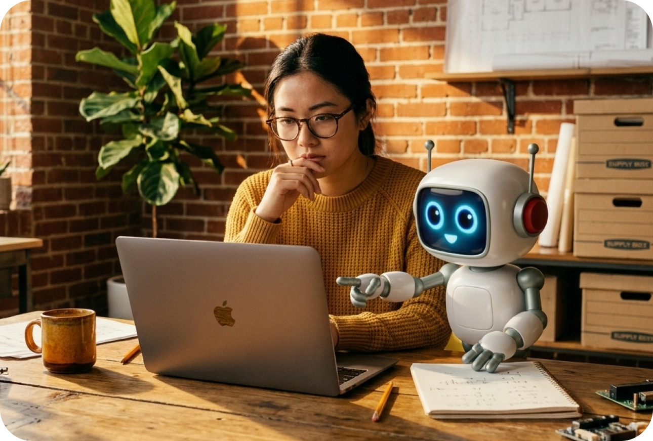 Young woman with glasses working on a laptop at a wooden desk, accompanied by a cheerful robot pointing at the laptop screen.