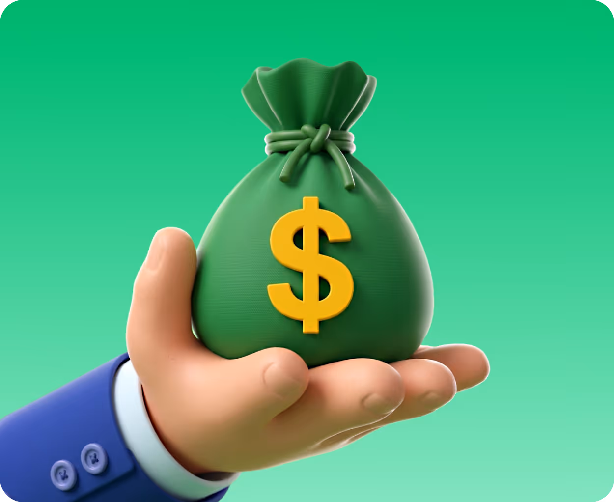 Hand in a blue suit holding a green money bag with a yellow dollar sign on it.