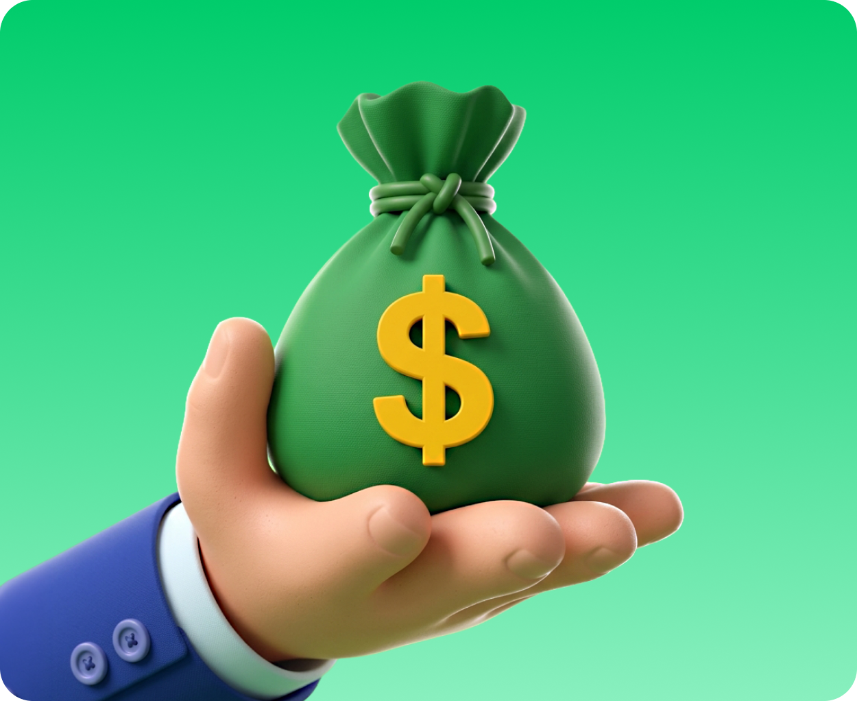 Hand in a blue suit holding a green money bag with a yellow dollar sign on it.