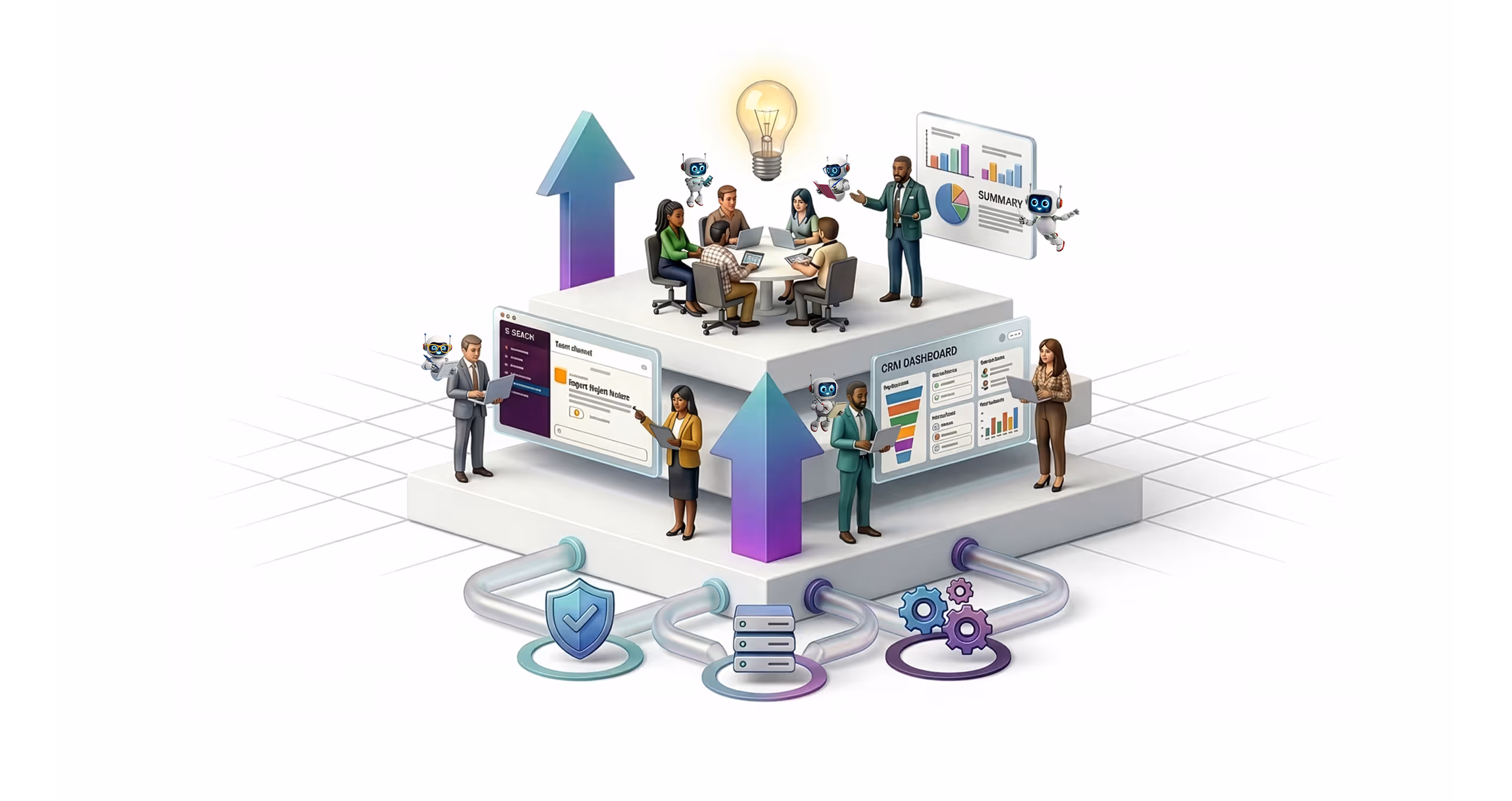 Illustration of business professionals collaborating around digital dashboards and data visualizations with small robots, representing automation and orchestration.