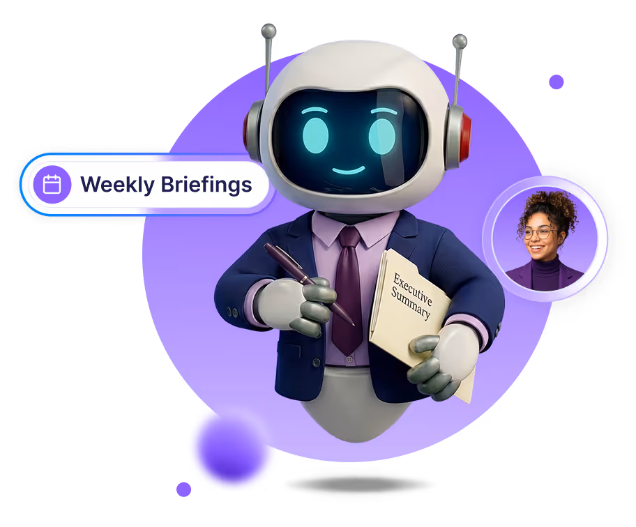 Robot in business attire holding a pen and Executive Summary folder with a Weekly Briefings label and photo of a woman.