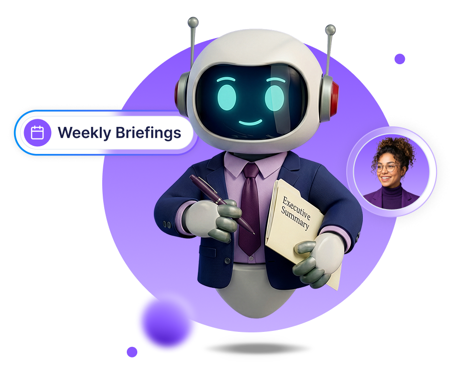 Robot in business attire holding a pen and Executive Summary folder with a Weekly Briefings label and photo of a woman.