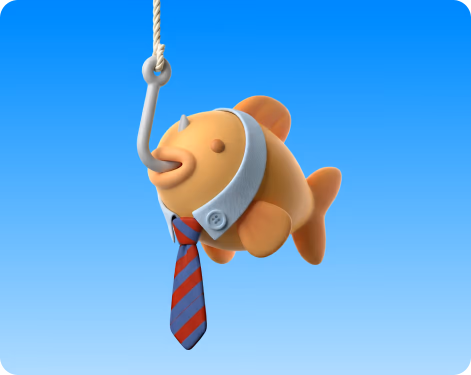 Cartoon goldfish wearing a white collar and red-striped tie, hooked by a fishing hook against a blue sky background.
