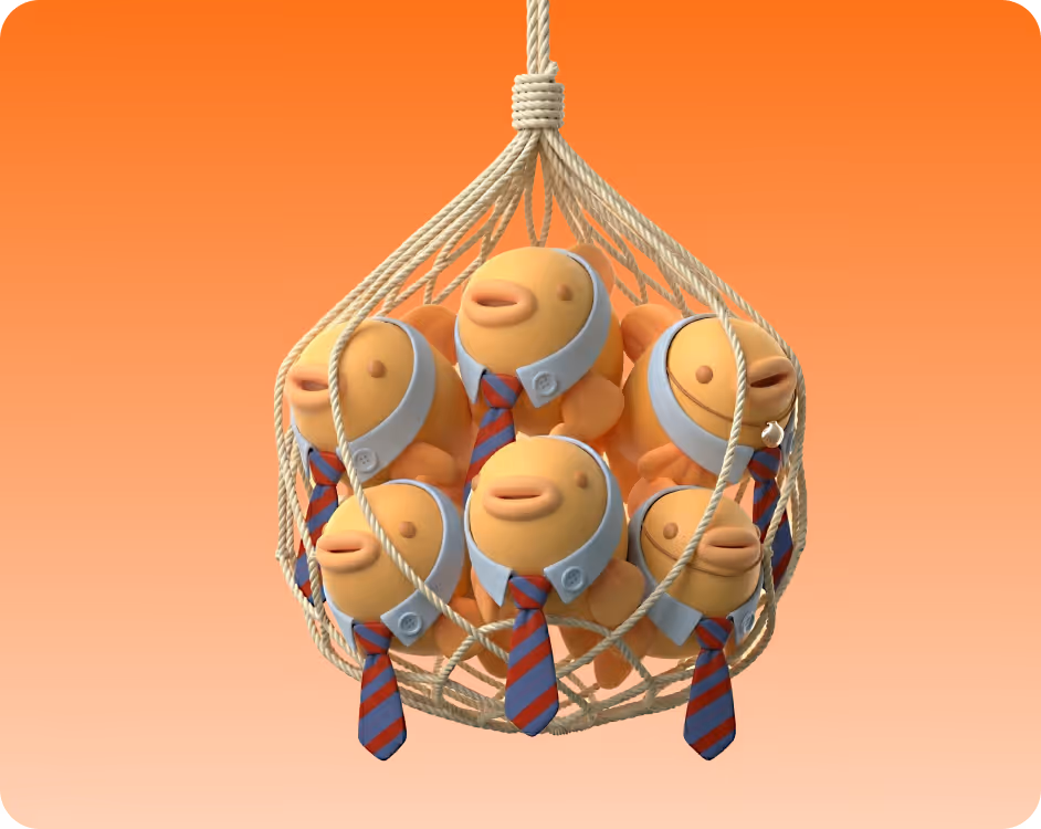 Six cartoon goldfish wearing collars and striped ties, trapped together in a hanging rope net against an orange gradient background.