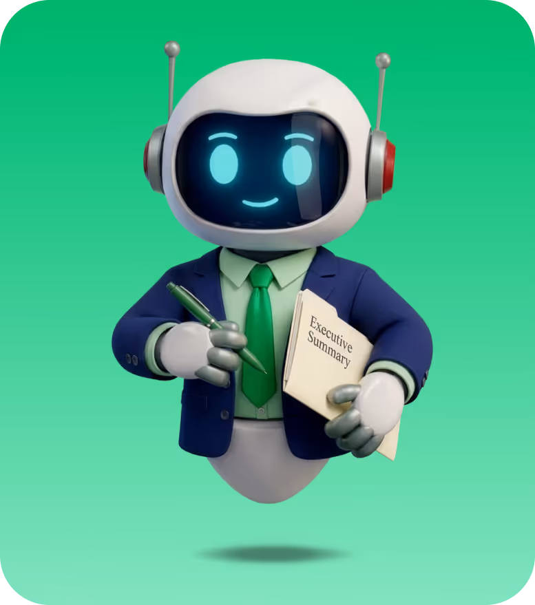 Friendly robot dressed in a blue suit and green tie holding a pen and a folder titled Executive Summary against a green background.