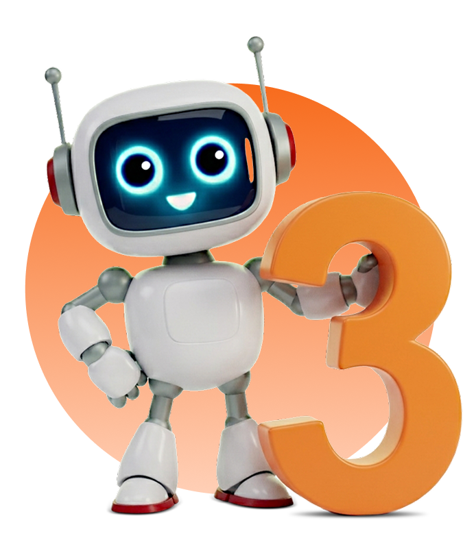 Smiling cartoon robot with glowing blue eyes holding a large orange number 3.