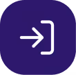 White arrow pointing right entering an open bracket on a dark blue rounded square background, representing a logout or exit icon.
