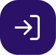 White arrow pointing right entering an open bracket on a dark blue rounded square background, representing a logout or exit icon.