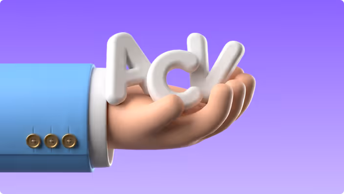3D illustration of a hand holding white letters A, C, and V against a purple gradient background.