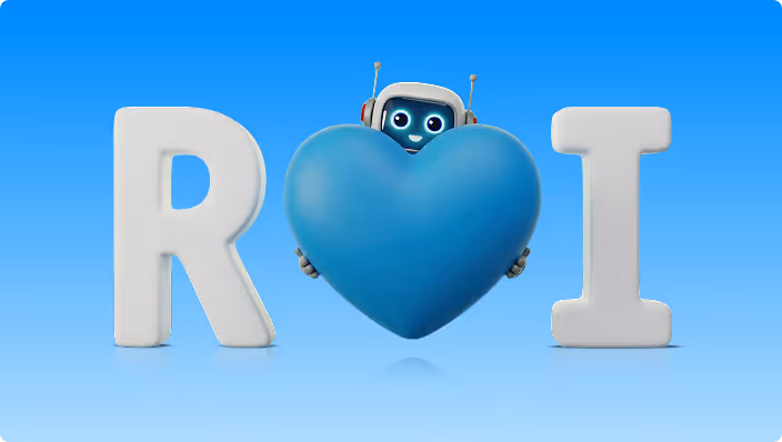 Blue robot holding a large blue heart between white letters R and I on a blue gradient background.