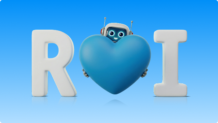 Blue robot holding a large blue heart between white letters R and I on a blue gradient background.