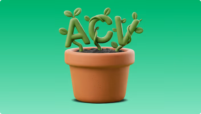 Clay pot with green plants shaped as the letters A, C, and V with small leaves sprouting.