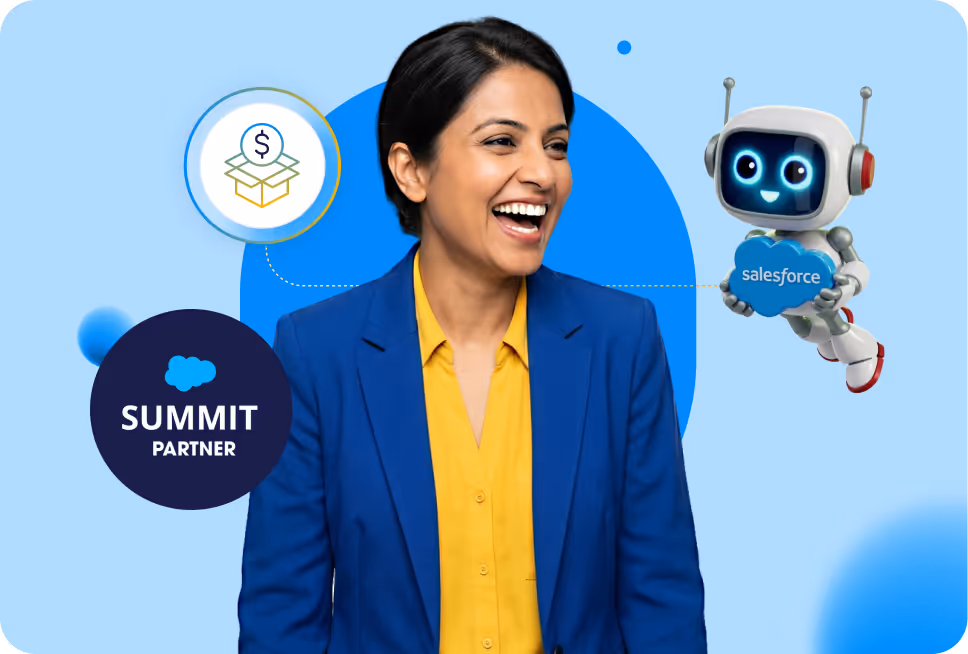 Smiling woman in a blue blazer and yellow blouse with Salesforce Summit Partner badge and friendly robot holding a Salesforce cloud logo.