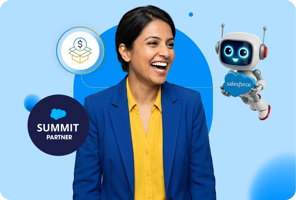 Smiling woman in a blue blazer and yellow blouse with Salesforce Summit Partner badge and friendly robot holding a Salesforce cloud logo.